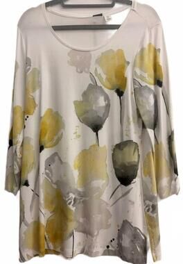 NEW DOLCEZZA women's abstract watercolor floral print top in white/yellow combo